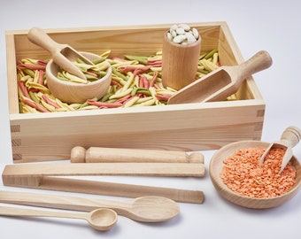 10 outils de poubelle sensorielle en bois, plateau Montessori, kit de poubelle sensorielle, travail de transfert, cuillères en bois pour enfants, table sensorielle, outils de jeu créatif