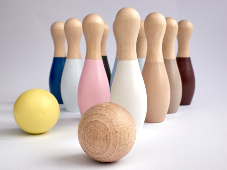 10 Wood Bowling Pins, Wooden Balls, Table Top Bowling, Waldorf Toys, Toddler Skittles Game, Kids Bowling Set, Nursery Decor, Waldorf Toys image 10