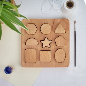 Wooden Shape Puzzle, Toddler Wooden Toy, Chunky Puzzle, Nine Piece Shape Board, Montessori Shape Sorter, Waldorf Kids Toy, Kids Eco Toy image 8