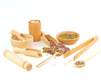 Wooden Sensory Bin Tools, Creative Play Kit, Sensory Montessori Bin, Helping Hands Fine Motor Tool Set, Transfer Work, Loose Parts Play Kit