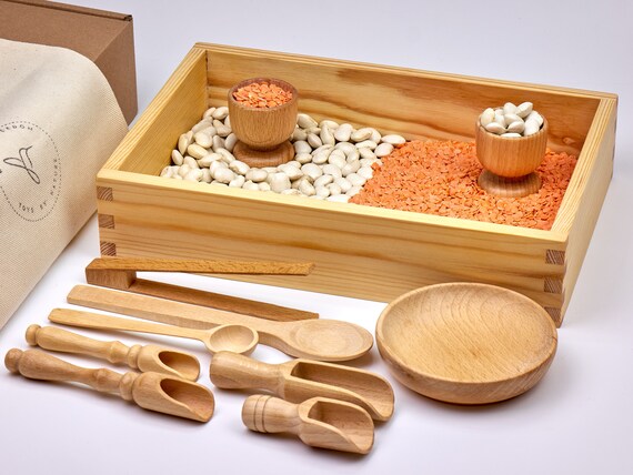 Montessori Sensory Bin Tools - Wooden Bowls, Scoops & Tongs For Toddler Fine Motor Skills Development