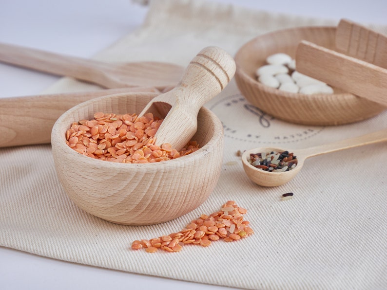 wooden bowl and scoop for transfer work.