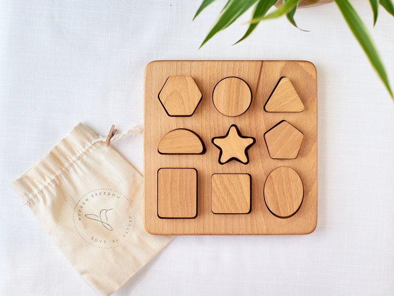 Wooden Shape Puzzle, Toddler Wooden Toy, Chunky Puzzle, Nine Piece Shape Board, Montessori Shape Sorter, Waldorf Kids Toy, Kids Eco Toy image 1