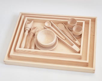 Conjunto de ferramentas sensoriais Montessori de madeira com bandeja, brinquedo educativo para crianças pequenas