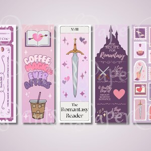 May include: Set of five bookmarks featuring a purple and pink color scheme with illustrations of a coffee cup, a sword, a castle, and a bat. The bookmarks have text that reads "Romantasy Readers", "Coffee Magic Ever Afters", "The Romantasy Reader", "The Recipe for Romantasy", and "1 Cup Morally Grey Characters, A Healthy Dose of Swoon Worthy Romance, 3 tbsp", respectively.