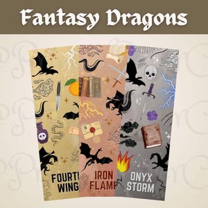 May include: Four fantasy dragon themed bookmarks. The bookmarks are printed with different dragon designs and the words "Four Wing", "Iron Flame", "Onyx Storm".