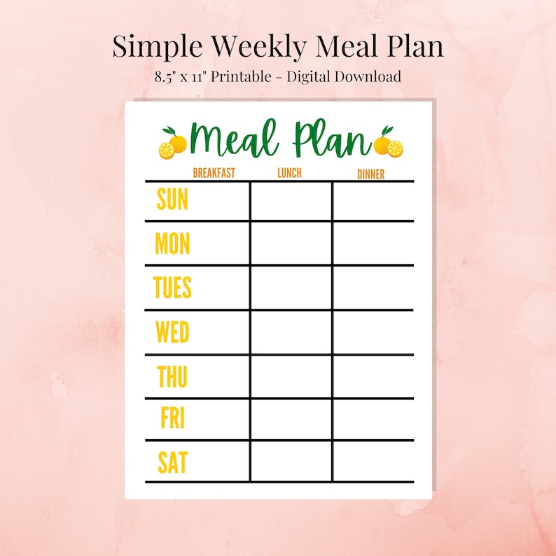 May include: A printable weekly meal planner with a lemon theme. The planner has a title that says "Meal Plan" with lemons and green leaves. The planner is divided into three columns for breakfast, lunch, and dinner. The days of the week are listed down the left side of the planner: Sunday, Monday, Tuesday, Wednesday, Thursday, Friday, and Saturday.