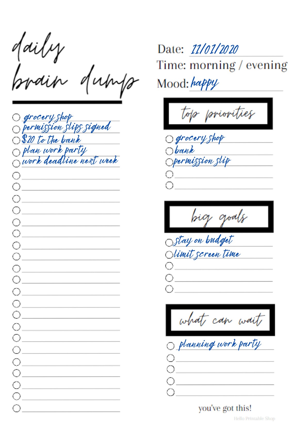 Brain Dump Printable, Printable Brain Dump Planner Insert - Etsy