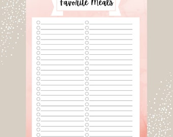 Favorite Meals Printable, Meal Planning Printable Guide, Favorite Recipes Printable