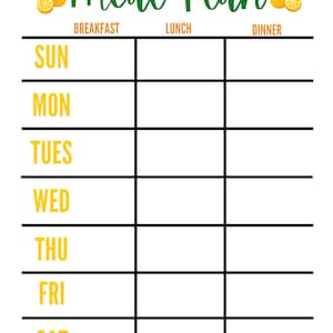 May include: A printable meal planner with a white background and black lines. The planner has a title that says "Meal Plan" with orange and green citrus fruit illustrations. The planner has columns for breakfast, lunch, and dinner and rows for each day of the week, Sunday through Saturday.
