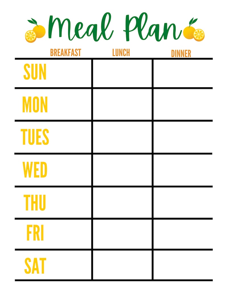 May include: A printable meal planner with a white background and black lines. The planner has a title that says "Meal Plan" with orange and green citrus fruit illustrations. The planner has columns for breakfast, lunch, and dinner and rows for each day of the week, Sunday through Saturday.