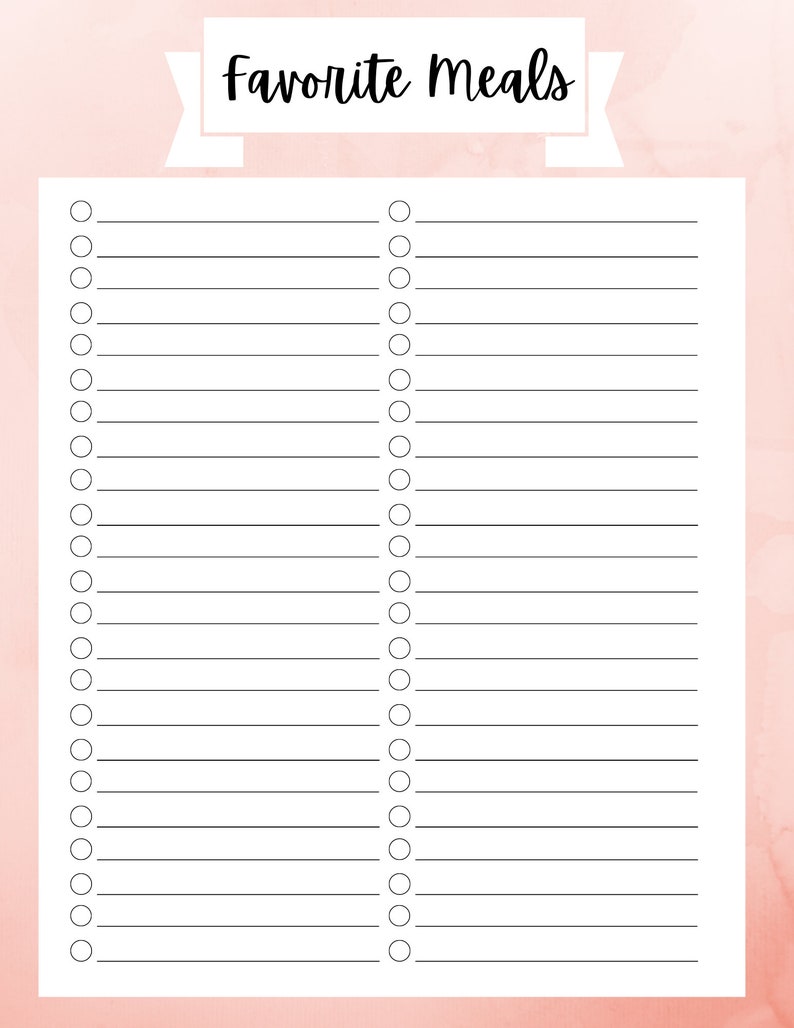 Favorite Meals Printable, Meal Planning Printable Guide, Favorite ...