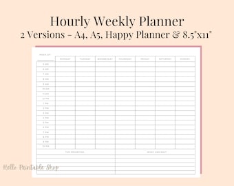 Hourly Weekly Schedule Printable: A4, A5, Happy Planner, US Letter (PDF)