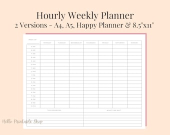 Hourly Weekly Schedule Printable Planner, Printable Weekly Planner, Hourly Planner US Standard, A4, A5, and Happy Planner