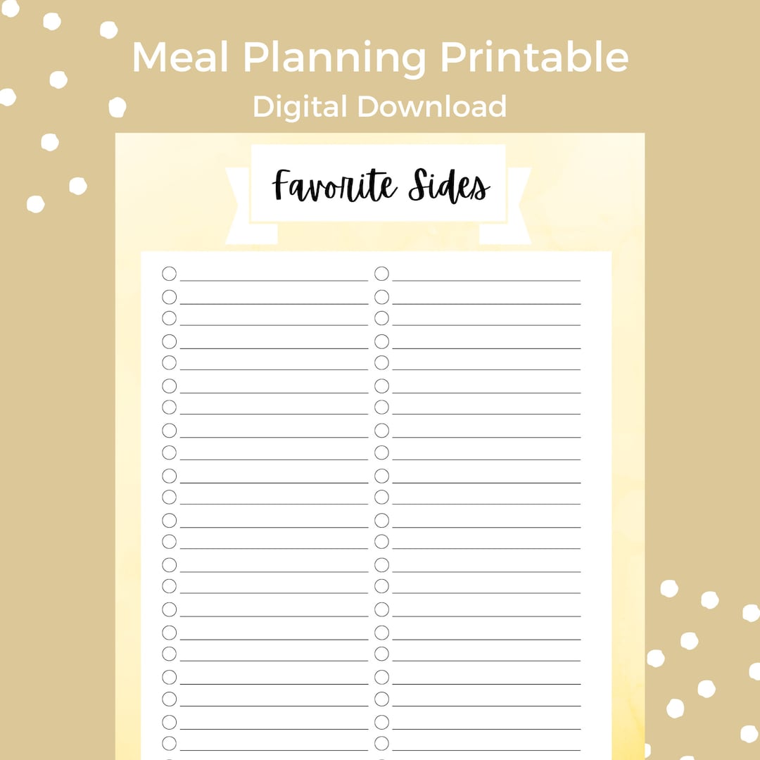 Favorite Sides Printable, Meal Planning Printable Guide, Favorite ...