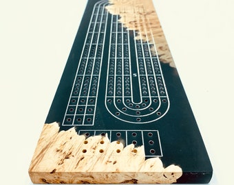 Handcrafted cribbage board in BURL+epoxy resin | includes metal pegs & storage | Engraving available!