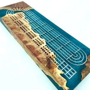 Handcrafted 10” cribbage board in BURL+ midnight blue resin | includes metal pegs & storage | Engraving available!