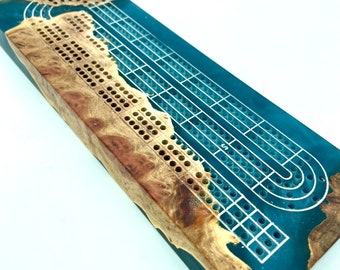 Handcrafted 10” cribbage board in BURL+ midnight blue resin | includes metal pegs & storage | Engraving available!