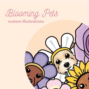 Blooming Pets Custom illustration - Spring Portraits, your pet in a plant pot & flower petal headband, Cartoon Drawing, Gift for Pet Lovers