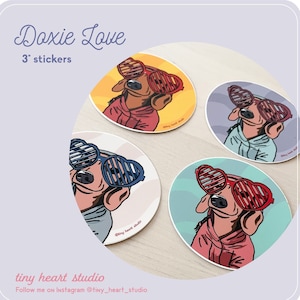 3" Circle Sticker, Dachshund in a hoodie with heart shaped glasses, mini doxie pastel laptop decal, bumper sticker, weatherproof, Valentine