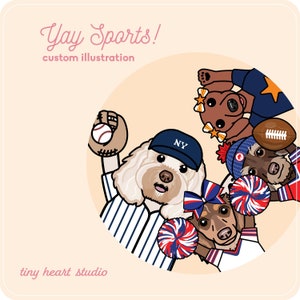 Yay Sports Ilustracja niestandardowa - Portrety zwierząt Team Spirit, Rysunek w stylu kreskówkowym, Prezent dla miłośników zwierząt i fanów baseballu, piłki nożnej i koszykówki