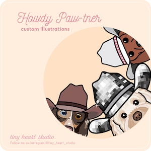 Howdy Paw-tner aangepaste illustratie - schattige cowboyhoed huisdier portretten, cartoon-stijl tekening, cadeau voor dierenliefhebbers, landthema