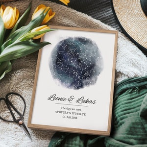 Affiche personnalisée de carte des étoiles | Impression de ciel nocturne personnalisée et cadeau d'anniversaire unique pour la décoration intérieure