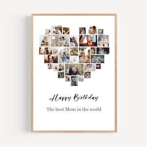 Collage fotografico personalizzato a forma di cuore – Regalo di compleanno personalizzato per mamma e papà – Poster incorniciato di alta qualità o download digitale istantaneo