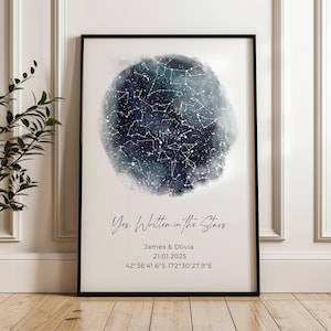 May include: A framed print featuring a watercolor depiction of a starry night sky in shades of blue and green. The text "Yes. Written in the Stars" is above the names James & Olivia, a date, and coordinates.