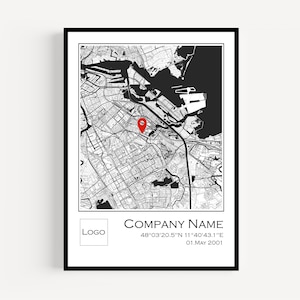 Cadeau d'inauguration sur mesure - Carte de localisation de l'entreprise personnalisée avec cadre en bois - Décoration d'entreprise en noir et blanc, emballage respectueux de l'environnement