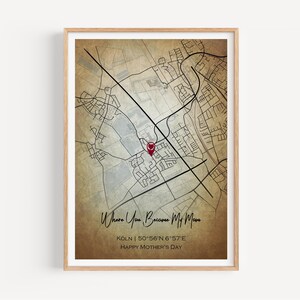 Dove sei diventata mia mamma – Mappa vintage per la festa della mamma o il compleanno – Stampa personalizzata del luogo di nascita – Regalo sentimentale da bambino