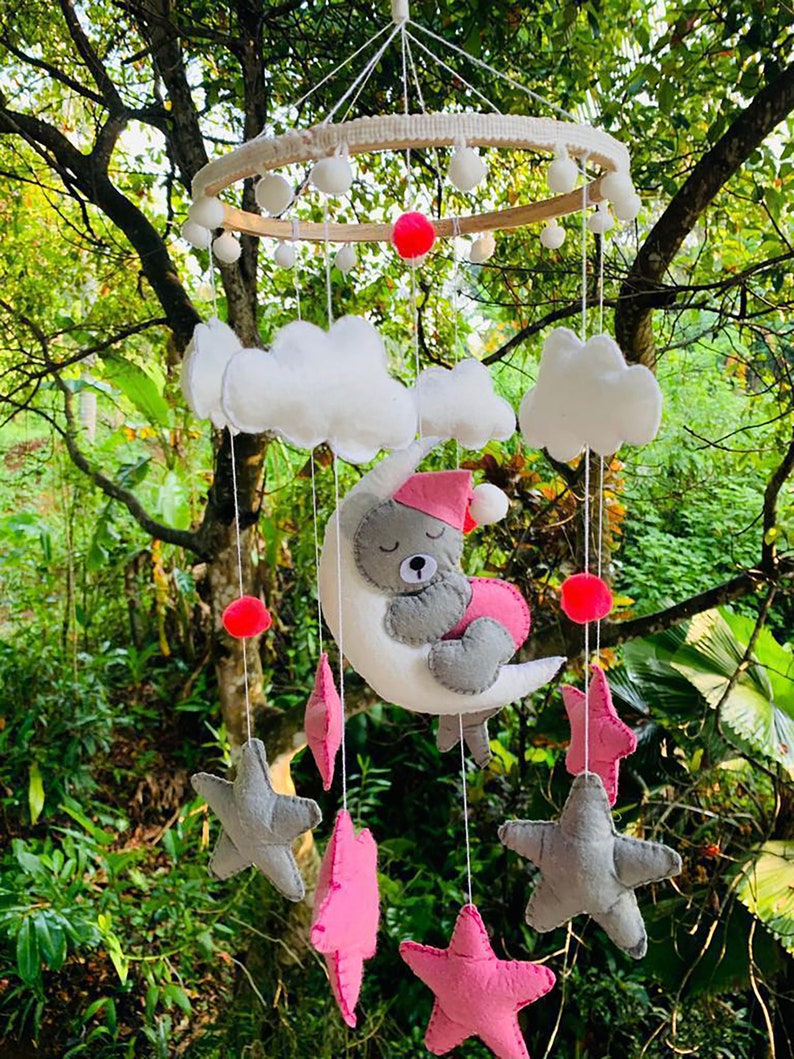 Baby Mobile With Sleeping Bear Moon Stars Clouds Handmade Etsy