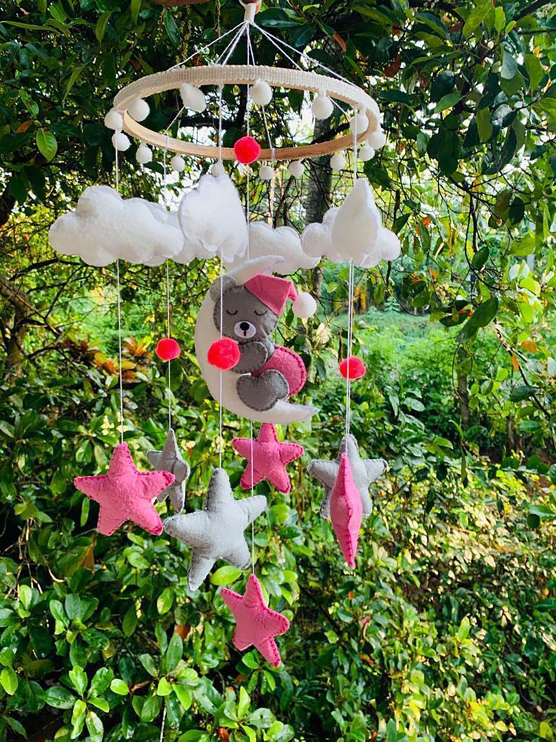 Baby Mobile With Sleeping Bear Moon Stars Clouds Handmade Etsy