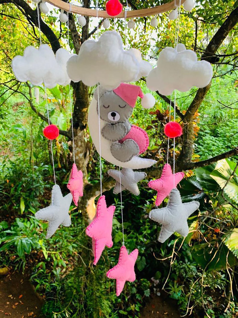Baby Mobile With Sleeping Bear Moon Stars Clouds Handmade Etsy