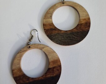 Handmade Wood Hoop Earrings, Stained Balsa Wood