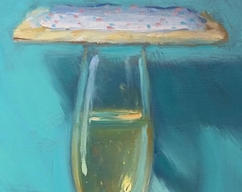 Champagne & Poptart (Hand Embellished) - NOAH VERRIER Original still life oil painting, Signed fine art print