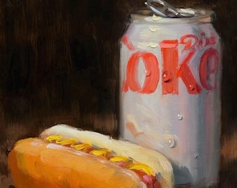 DC and Hotdog 18x24 - NOAH VERRIER Original still life oil painting, Signed fine art print