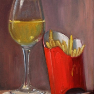 Wine and Fries (Hand Embellished) - NOAH VERRIER Original still life oil painting, Signed fine art print