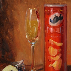 Pringles, caviar y champán - NOAH VERRIER Pintura al óleo de naturaleza muerta original, impresión de bellas artes firmada