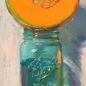 Cantaloupe & Jar of Water (vintage) - NOAH VERRIER Original still life oil painting, Signed fine art print
