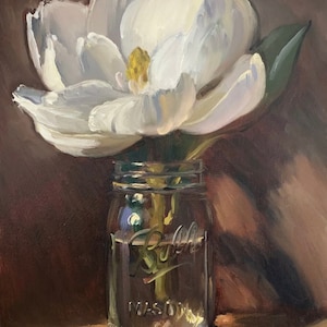Magnolia in Mason Jar - NOAH VERRIER Original still life oil painting, Signed fine art print