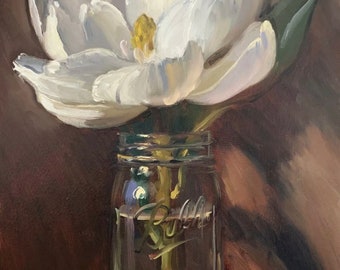 Magnolia in Mason Jar - NOAH VERRIER Original still life oil painting, Signed fine art print