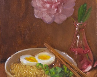 Ramen and Peony - NOAH VERRIER Original still life oil painting, Signed fine art print