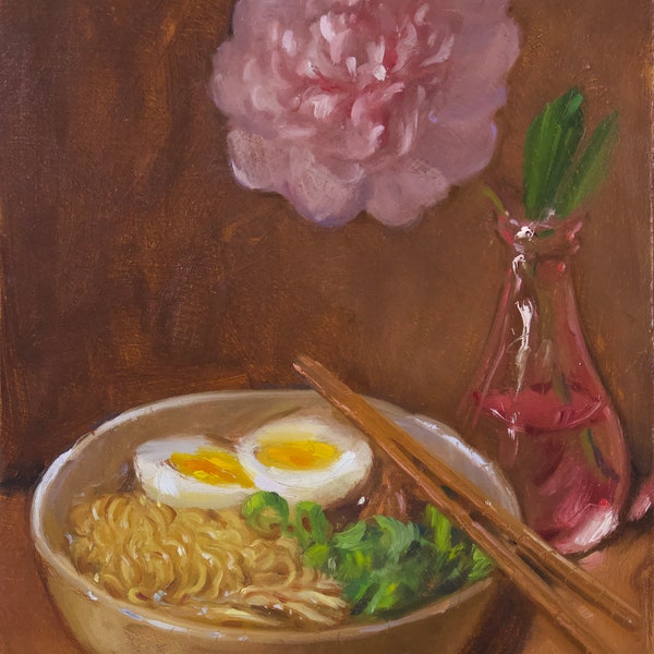 Ramen und Pfingstrose 18x24 - NOAH VERRIER Original Stillleben Ölgemälde, Signierter Kunstdruck