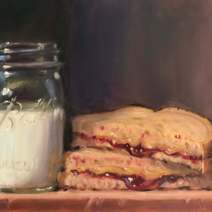 PBJ & Jar of Milk (wheat) - NOAH VERRIER Original still life oil painting, Signed fine art print