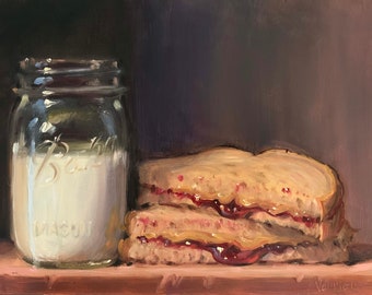 PBJ & Jar of Milk (wheat) - NOAH VERRIER Original still life oil painting, Signed fine art print