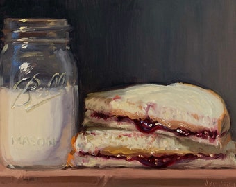 PBJ & Jar of Milk (Large 24x16)- NOAH VERRIER Original still life oil painting, Signed fine art print