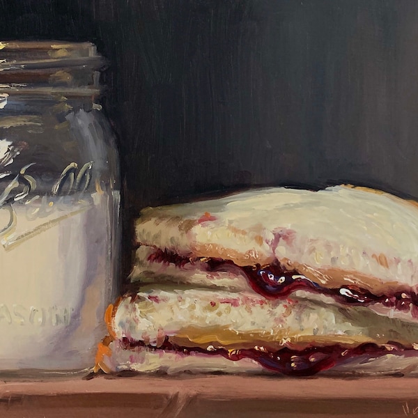 PBJ y tarro de leche (lienzo adornado a mano de 24 x 16) - NOAH VERRIER Pintura al óleo de naturaleza muerta original, impresión de bellas artes firmada