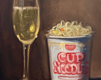 Champagne and Cup Noodles (Canvas Print) - NOAH VERRIER Original still life oil painting, Signed fine art print
