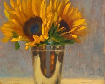 Sunflowers in Silver -  NOAH VERRIER Original still life oil painting, Signed fine art print